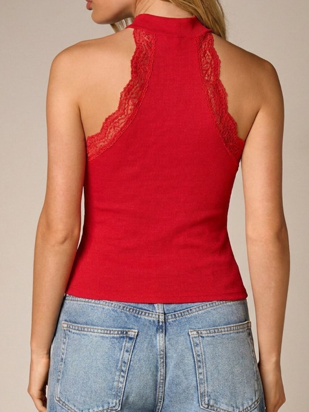 Red Casual Women's Lace Trim Halter Neck Ribbed Tank Top - Picture 2 of 5